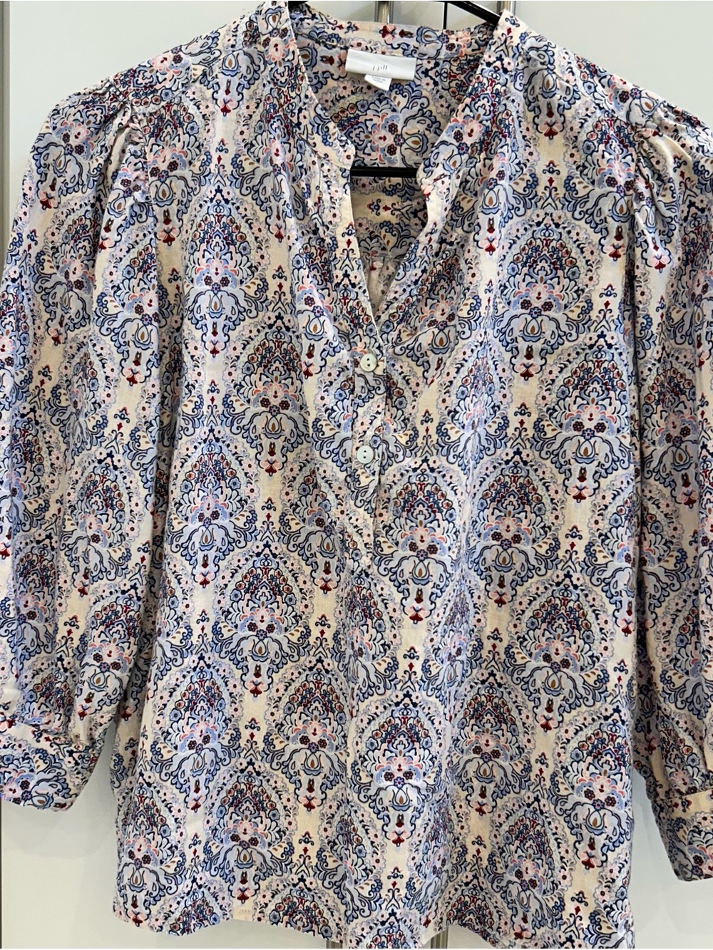 J Jill Printed Peasant Blouse - Blue & Cream